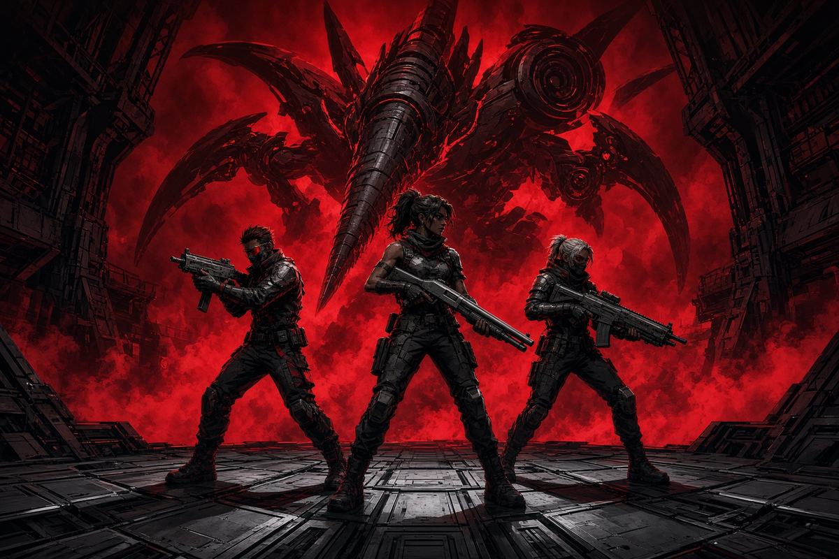 Three fighters in a dark arena facing a huge weapon-shaped machine.