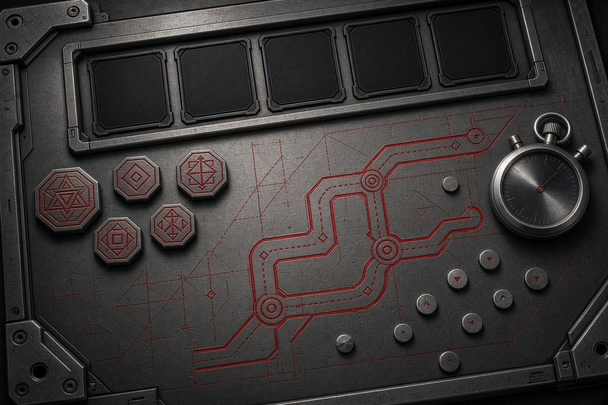 A brushed-metal draft table with empty card slots and a crimson lane diagram.