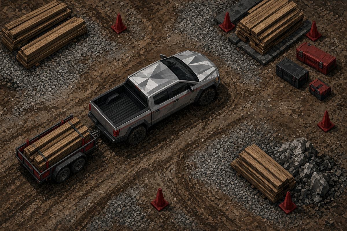 An angular stainless pickup towing a lumber trailer through a job site.
