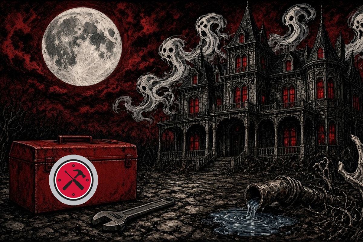 A red toolbox and a wrench on a cobbled path in front of a moonlit haunted manor, with ghosts and a leaking pipe.