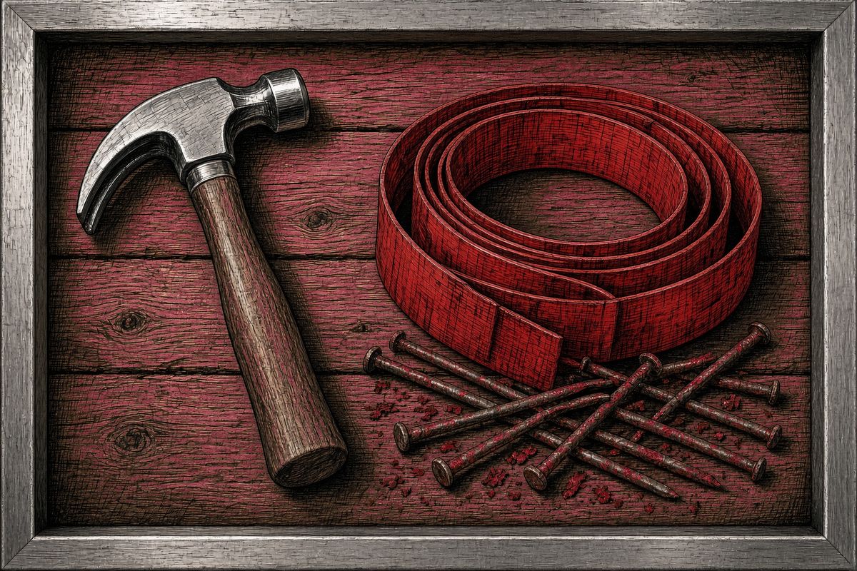 A steel hammer, crimson caution tape, and rusty nails on wood planks inside a stainless frame.