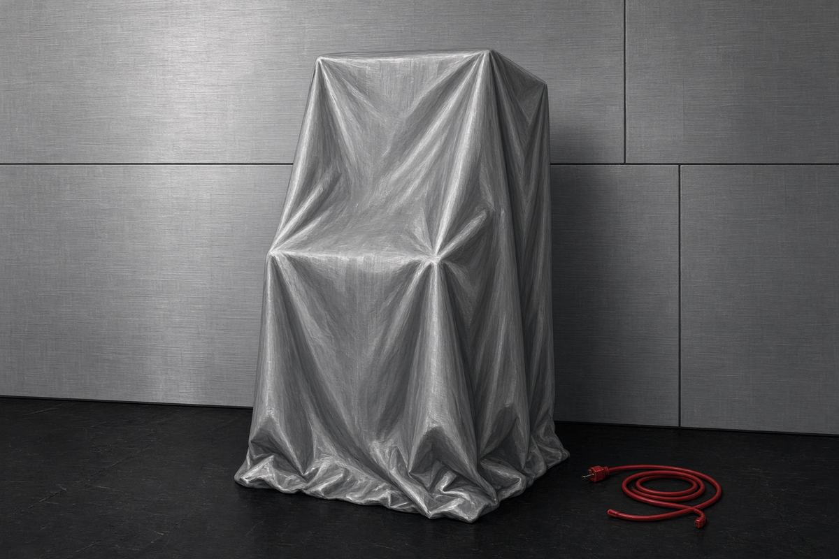 An arcade cabinet covered by a heavy cloth in a metal shop.