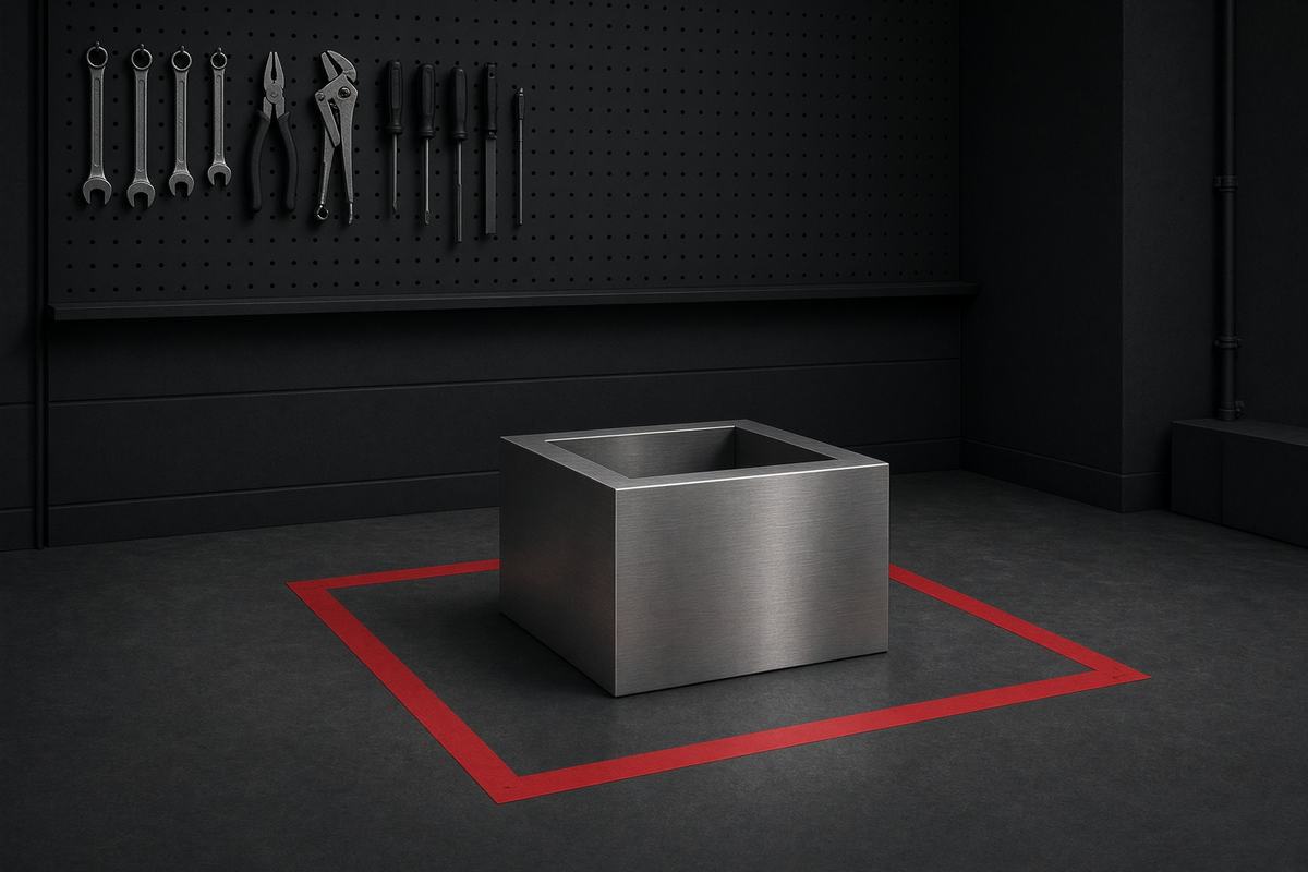 An empty stainless pedestal in a workshop, marked off with crimson tape.